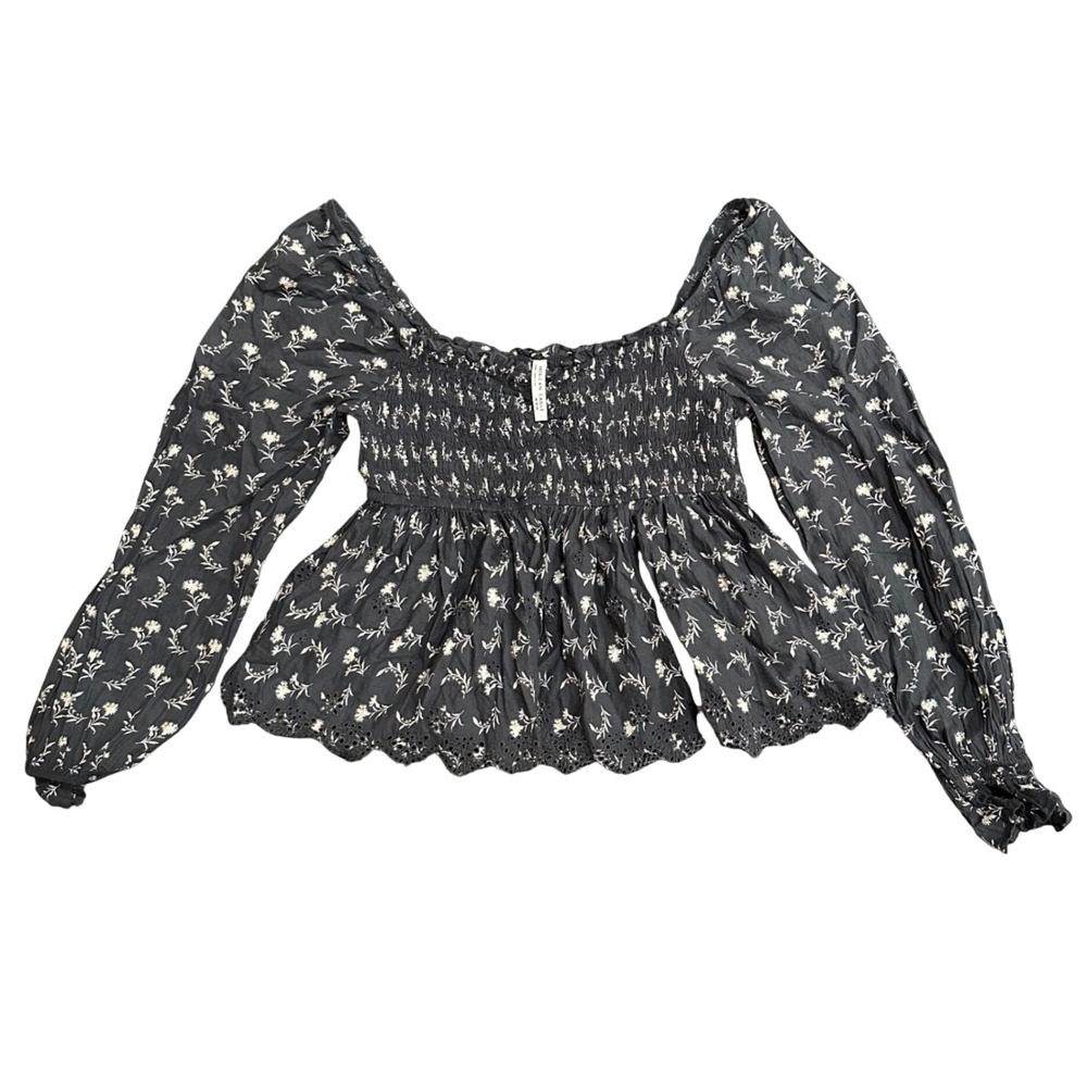 American Eagle Floral Smocked Off the Shoulder Boho Top Eyelet Trim Black Medium